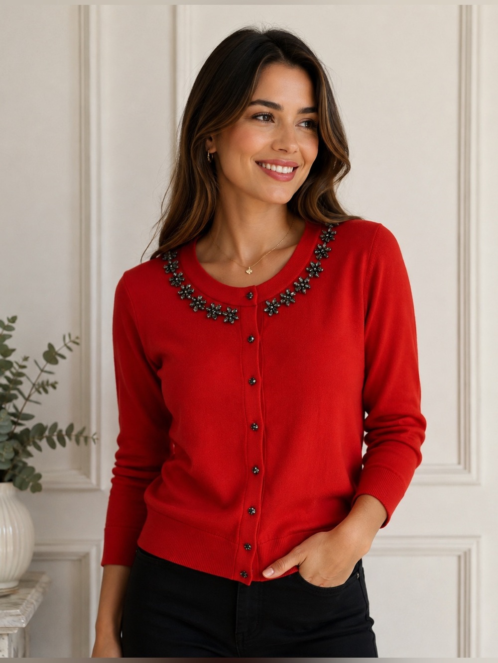 Kate Spade New York Live Colorfully Red Embellished Jeweled Neckline Cardigan